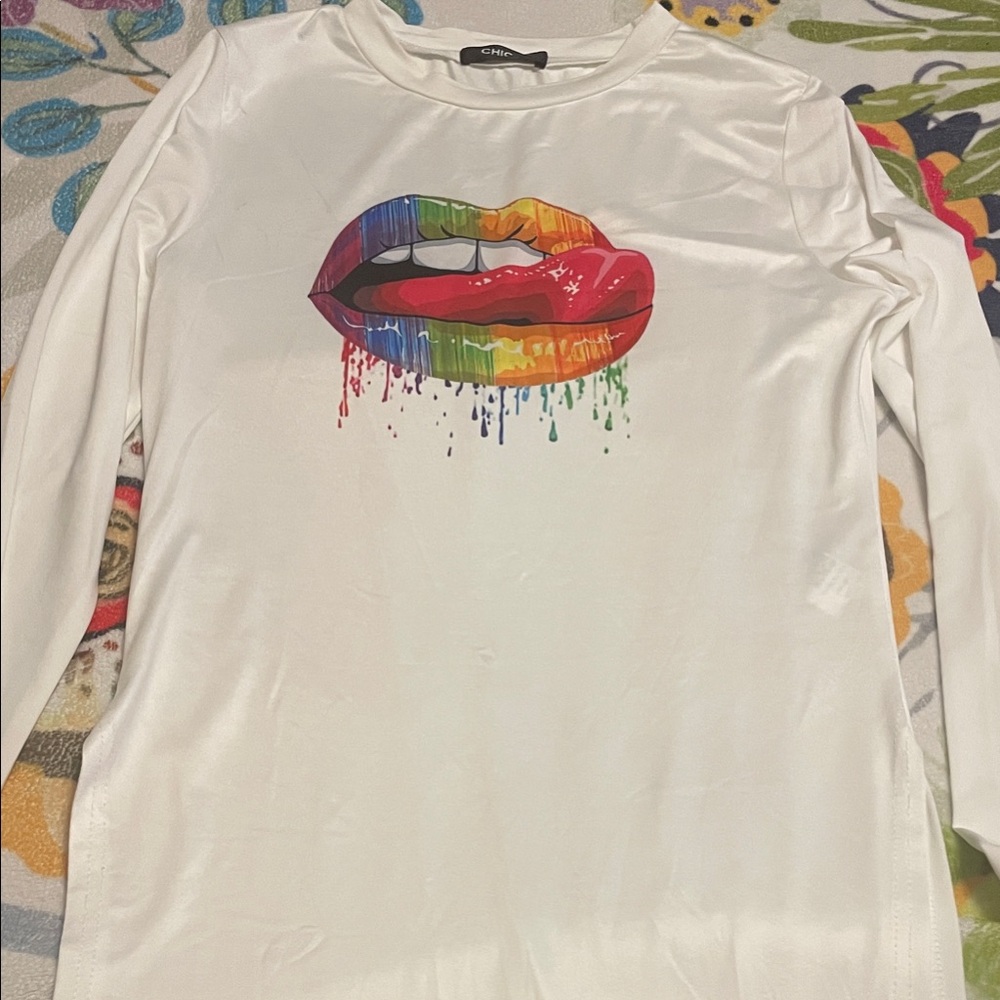 White Long-Sleeve Top with Rainbow Lip Graphic